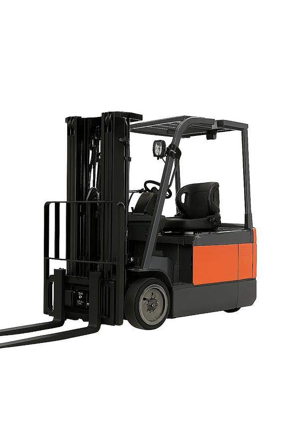 Unbranded 3‑wheel electric sit‑down forklift in tight aisle warehouse setting, CSA‑compliant indoor equipment