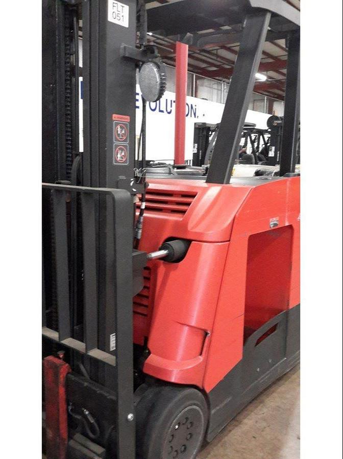 Front angle view of refurbished 2012 Raymond 425-C35TT electric docker showing triple mast, 42" forks, side shift carriage, and CSA inspection tag during Vaughan deployment