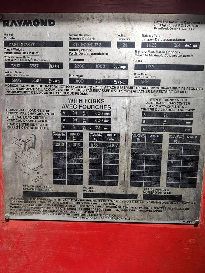 Data plate of Budget Raymond EASIDR25TT older non‑CSA deep‑reach forklift — model, serial, capacity, and mast specs visible.