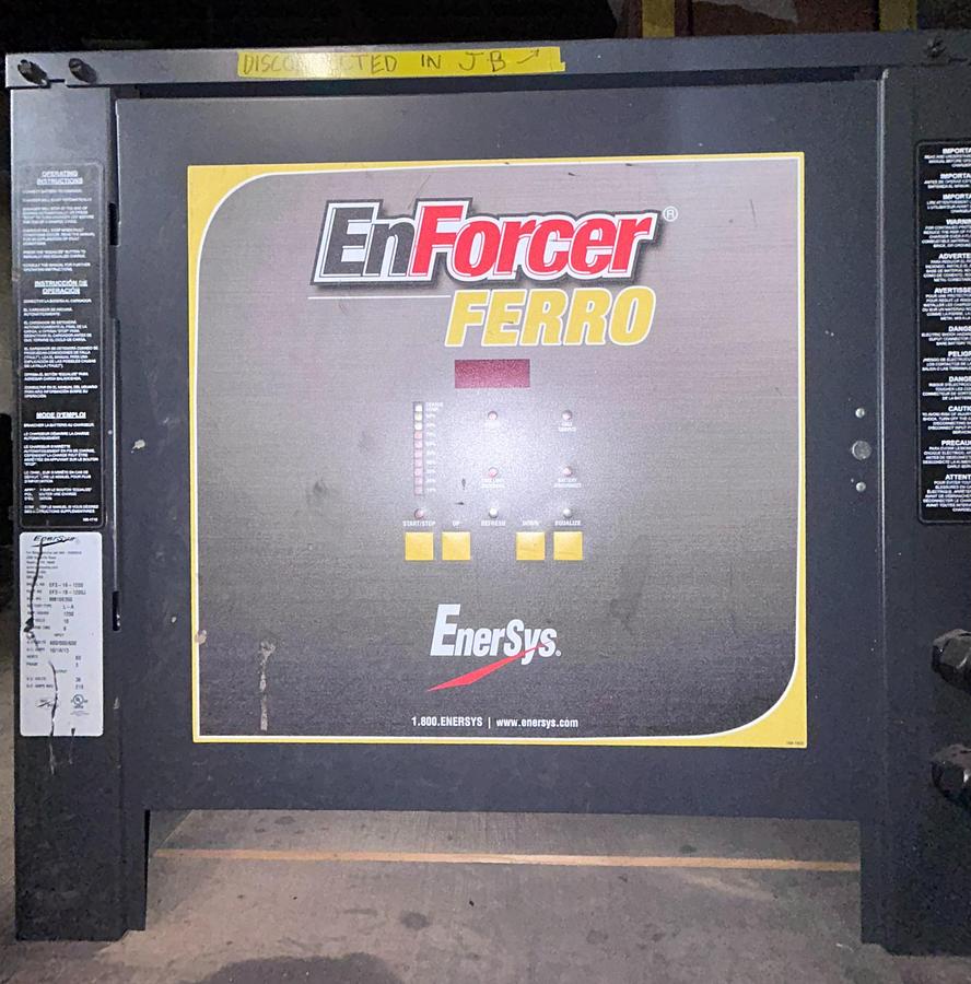 “EnerSys EF3‑18‑1200 forklift battery charger, 36V 216A lead‑acid unit with UL and ISO certification.”
