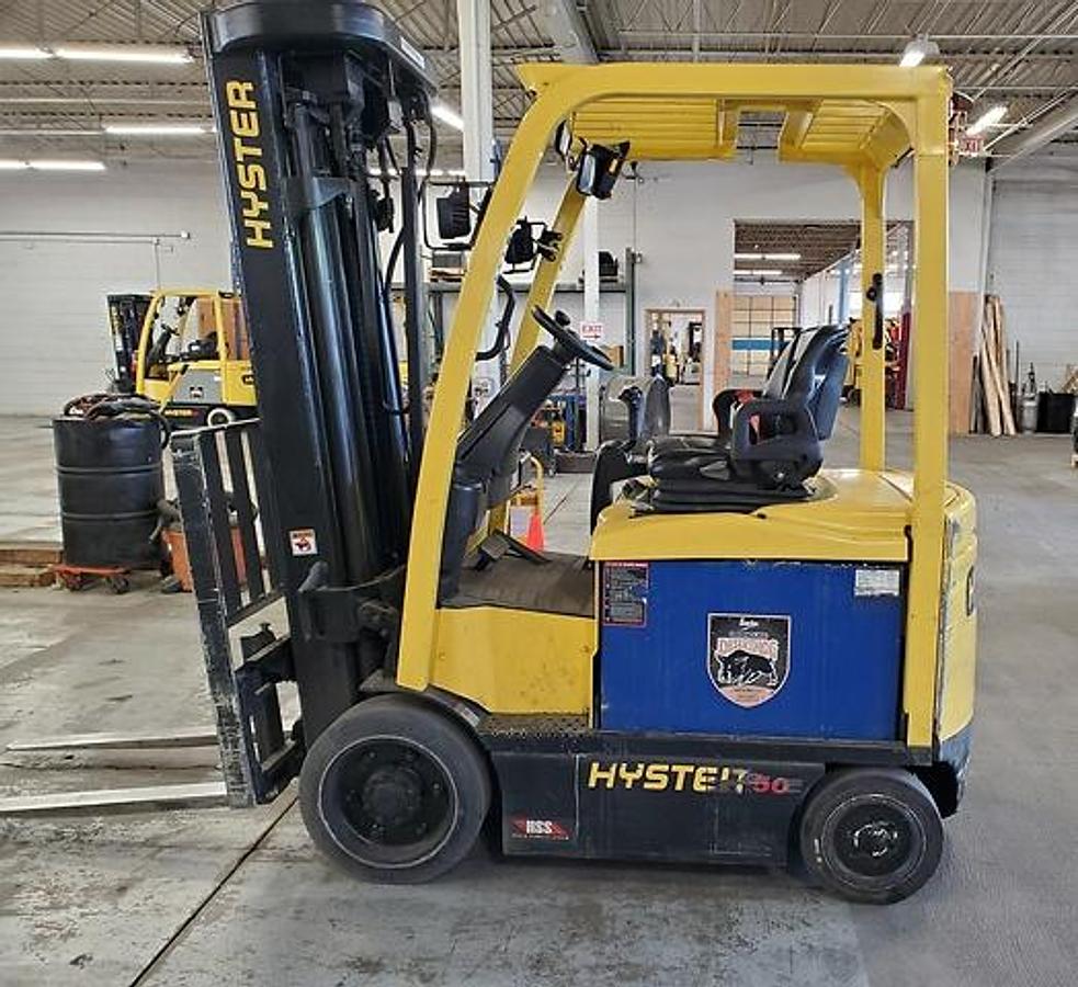 Hyster E50XN CSA electric forklift Brampton 5000 lb 200” triple mast clamp-ready SS FP 48V battery optional indoor export