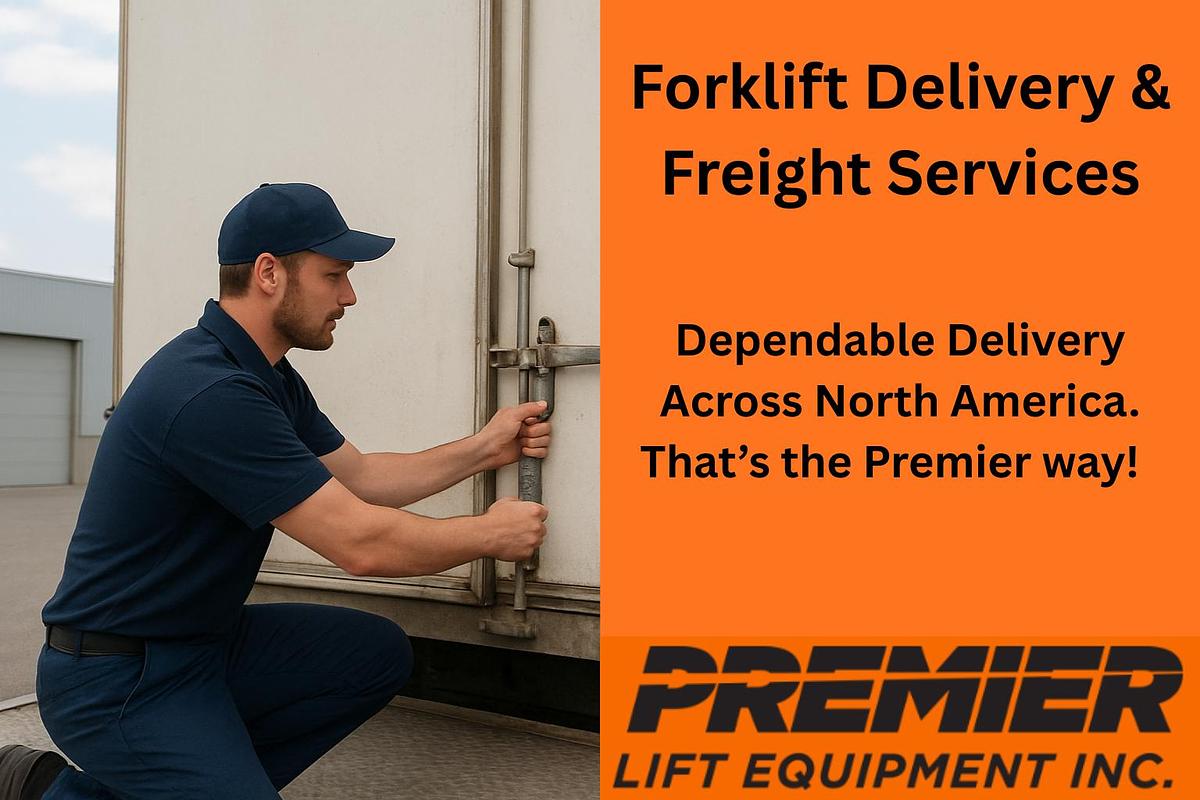 CSA-certified forklift loaded for same-day dispatch to Ontario dock with safety decals and documentation