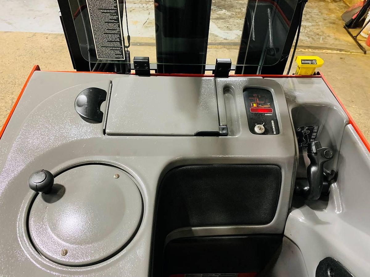 Operator compartment view showing stand-up controls and side-stance layout