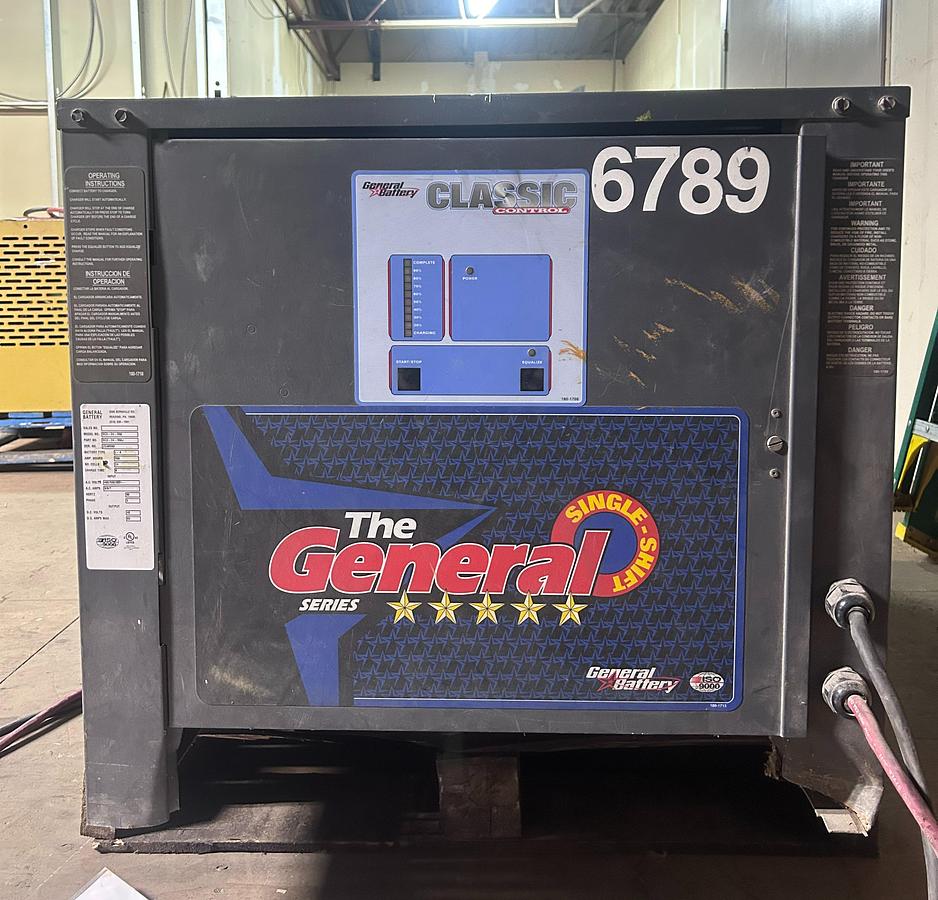 “General Battery GCS‑24‑550 forklift battery charger, 48V 83A lead‑acid unit with UL and ISO certification.”