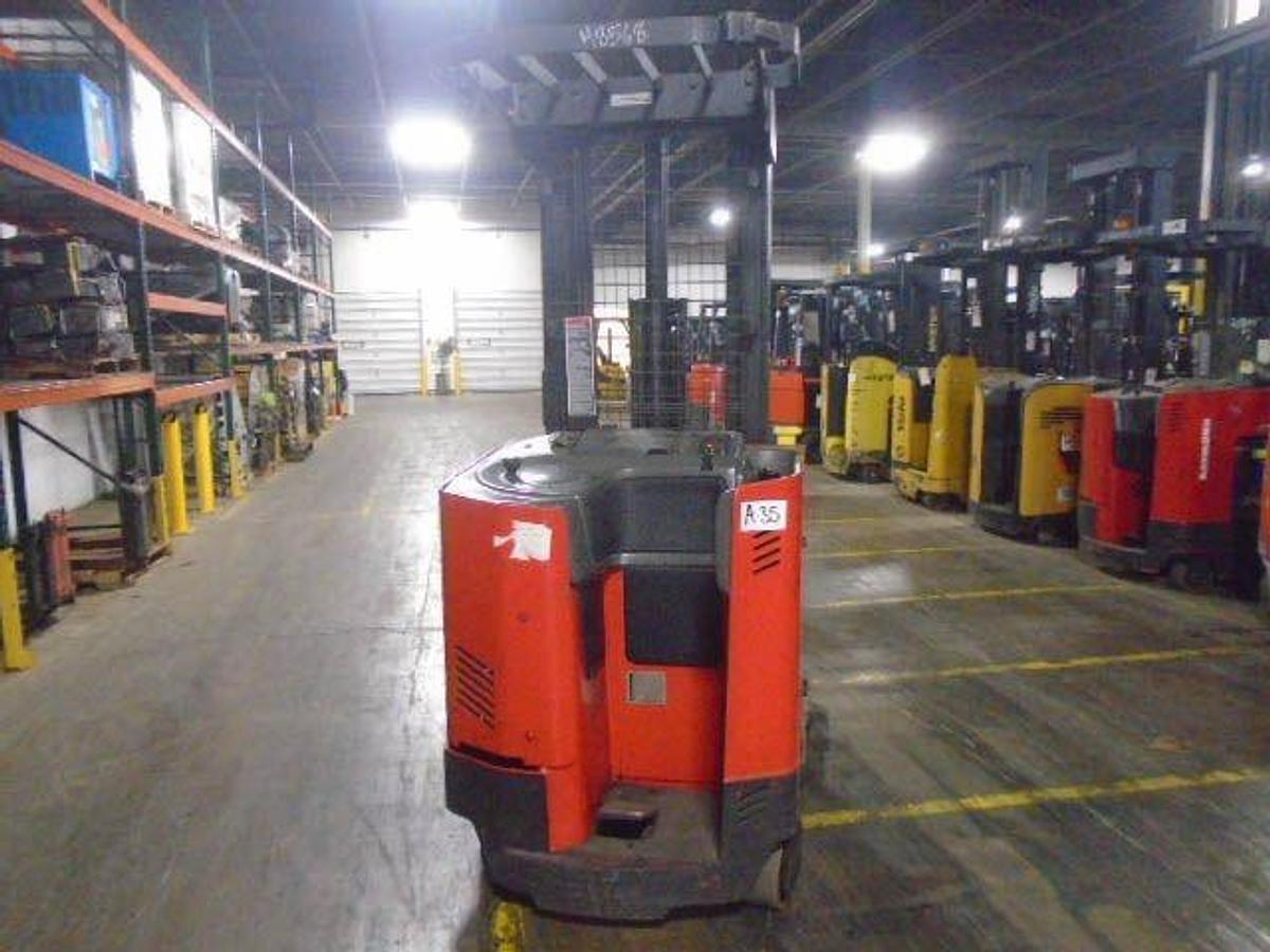 Back view of refurbished 1998 Raymond EASIR40TT electric reach truck showing rear chassis, battery door, and CSA inspection decal during Mississauga deployment