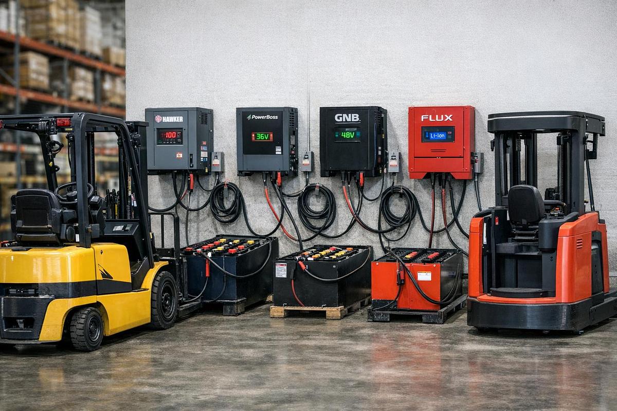  Industrial warehouse charging station with multiple electric forklifts connected to high‑frequency battery chargers
