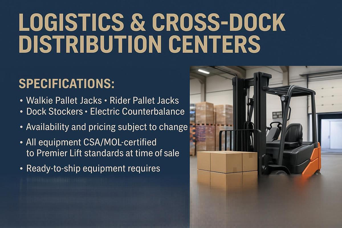 Dock‑ready electric forklifts and pallet jacks maneuvering through tight dock lanes in a modern cross‑dock logistics facility with safety lighting and staging lanes.