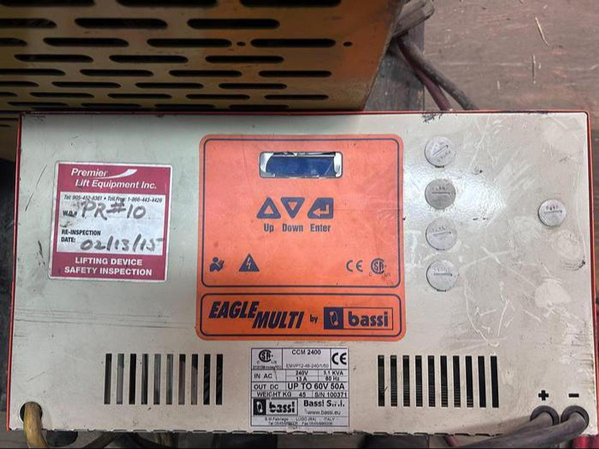 “Bassi EMVP124‑48‑240 multi‑volt forklift battery charger, 12V–48V, 50A high‑frequency unit.”