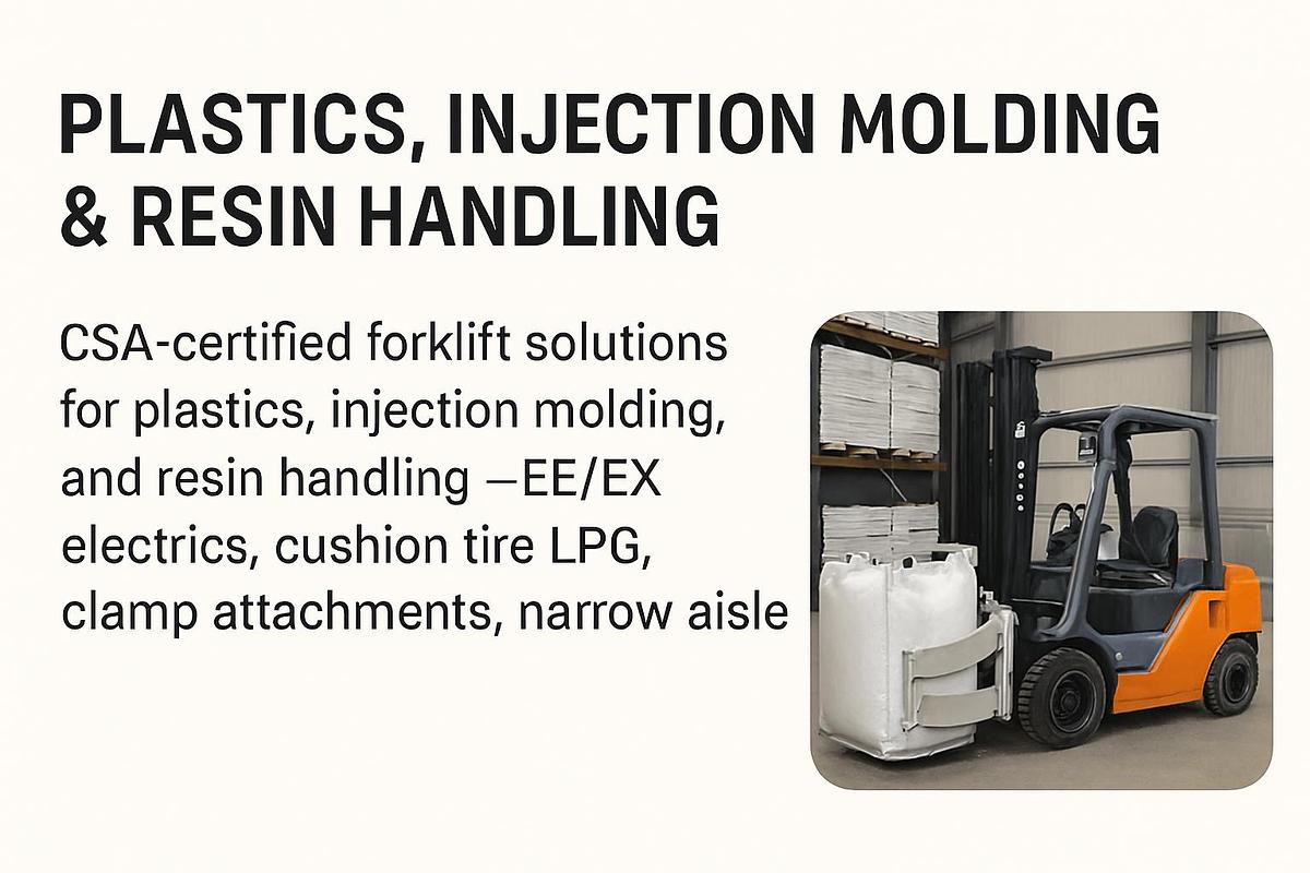 EE‑rated electric forklift with clamp attachment lifting a resin bag inside a plastics manufacturing warehouse with narrow‑aisle racking.
