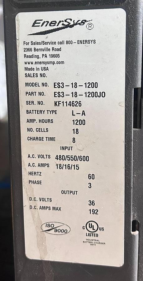“EnerSys charger dataplate showing model ES3‑18‑1200, serial KF114626, 36V 192A output, 18‑cell lead‑acid specs, and 480/550/600V 3‑phase input.”