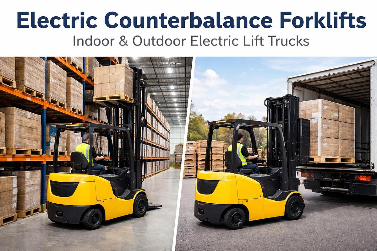 Electric counterbalance forklift operating in an indoor warehouse environment