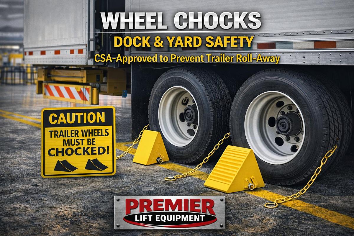 CSA‑approved wheel chocks for dock and yard safety, preventing trailer roll‑away during loading and unloading