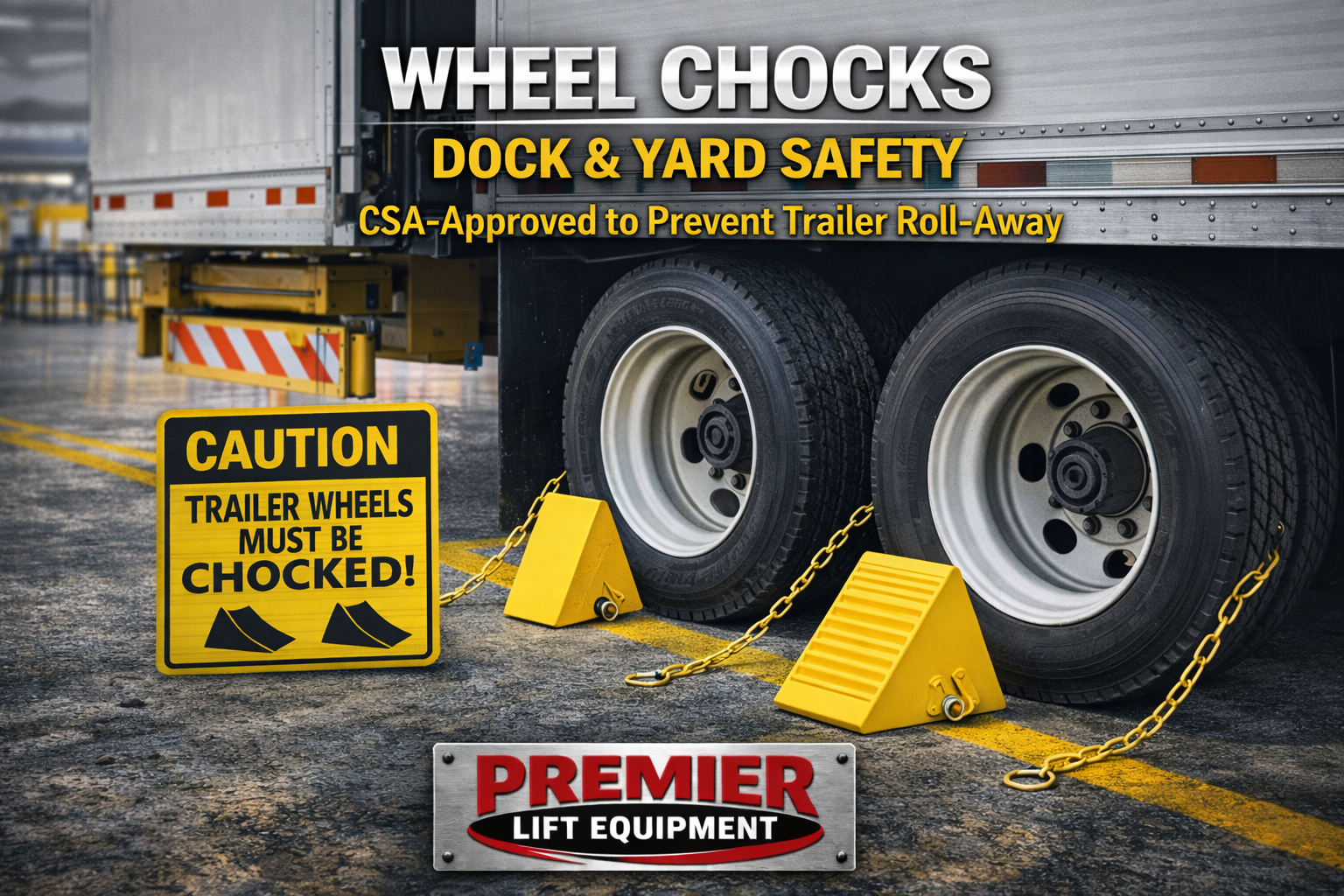 CSA‑approved wheel chocks for dock and yard safety, preventing trailer roll‑away during loading and unloading