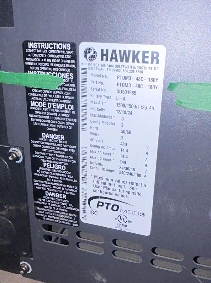 Hawker charger dataplate showing model LIF‑12‑600, serial 0422LIF12600480T, 24V/36V/48V 100A output, 600 Ahr lead‑acid specs, 480V 3‑phase input.