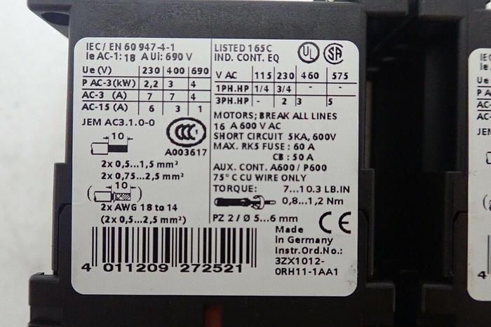 Used Lot of 2 Siemens 3RT1015-1AP01 Contactors