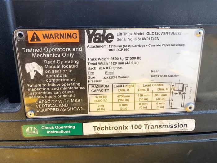 Used 12,000 POUND YALE ROLL CLAMP TRUCK MODEL GLC120VXPRS W/ 72" CLAMP MFG. 2015