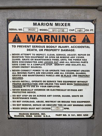 Used 45 CU. FT. MARION PADDLE BLENDER - S/S - 10 HP