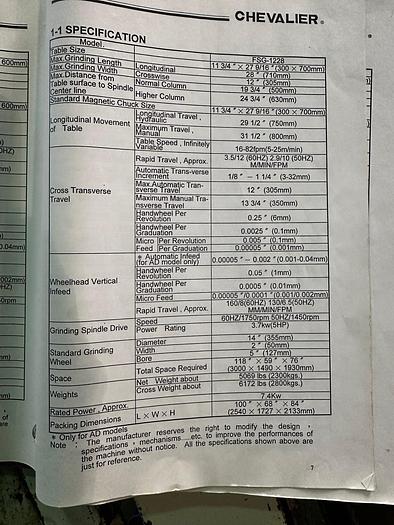 Used Chevalier FSG-1228AD Automatic Surface Grinder