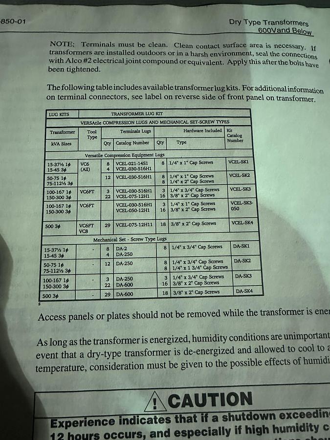 Used 150 kVA Transformer Square D, HV 480, LV 240, HZ 60, Cat #150T6HCT