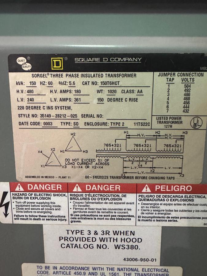Used 150 kVA Transformer Square D, HV 480, LV 240, HZ 60, Cat #150T6HCT