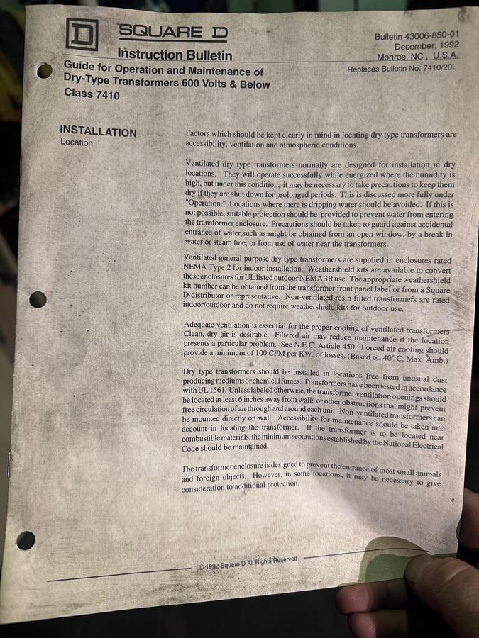 Used 150 kVA Transformer Square D, HV 480, LV 240, HZ 60, Cat #150T6HCT