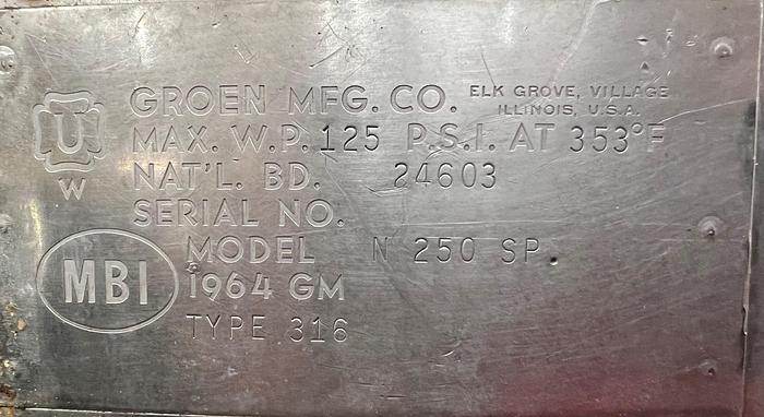 Refurbished 250 GALLON GROEN KETTLE - S/S - 125 PSI JACKET - WITH AGITATION OPTIONS