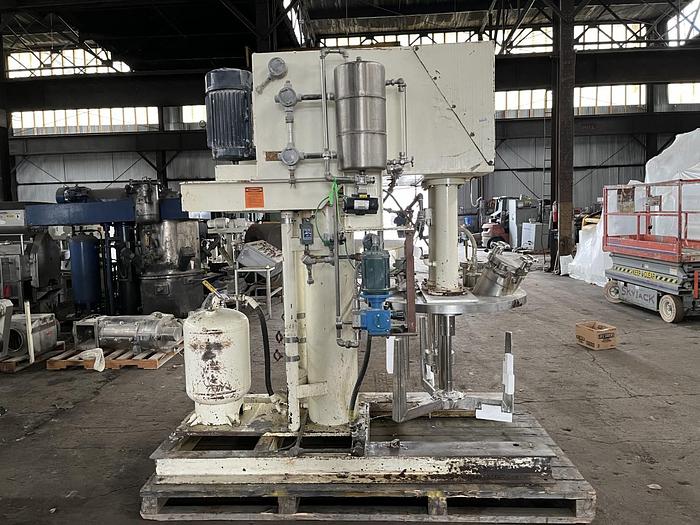 Used 100 GALLON ROSS TRIPLE MOTION MIXER - MODEL PVM-100 - S/S - VACUUM - 2 MIX CANS - WITH DISCHARGE RAM