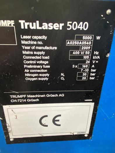 Used 2009 Trumpf TruLaser 5040 CO2 Laser