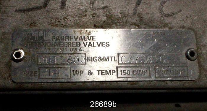 Used Fabri  Air Operated Knife Gate Valve, 14",  All 316 Stainless Steel Body And Gate, 10" Dia Air  Cyl #26689