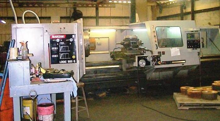 Used Nardini CNC Lathe, Logic 500G, 40" x 168", 7 1/4" Spindle Bore, Steady Rest, Fanuc CNC, ID15348