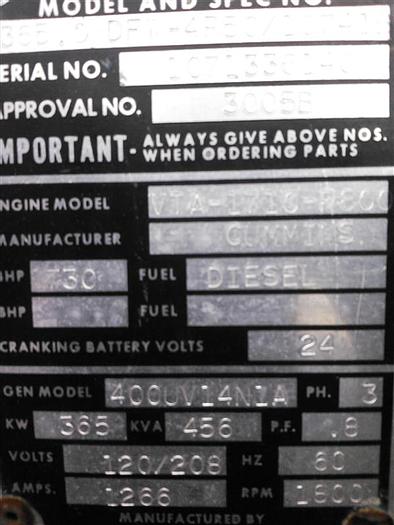 Used 0 Cummins VTA-1710-R800 Diesel Engine & 365 KW Generator - Pending Sale