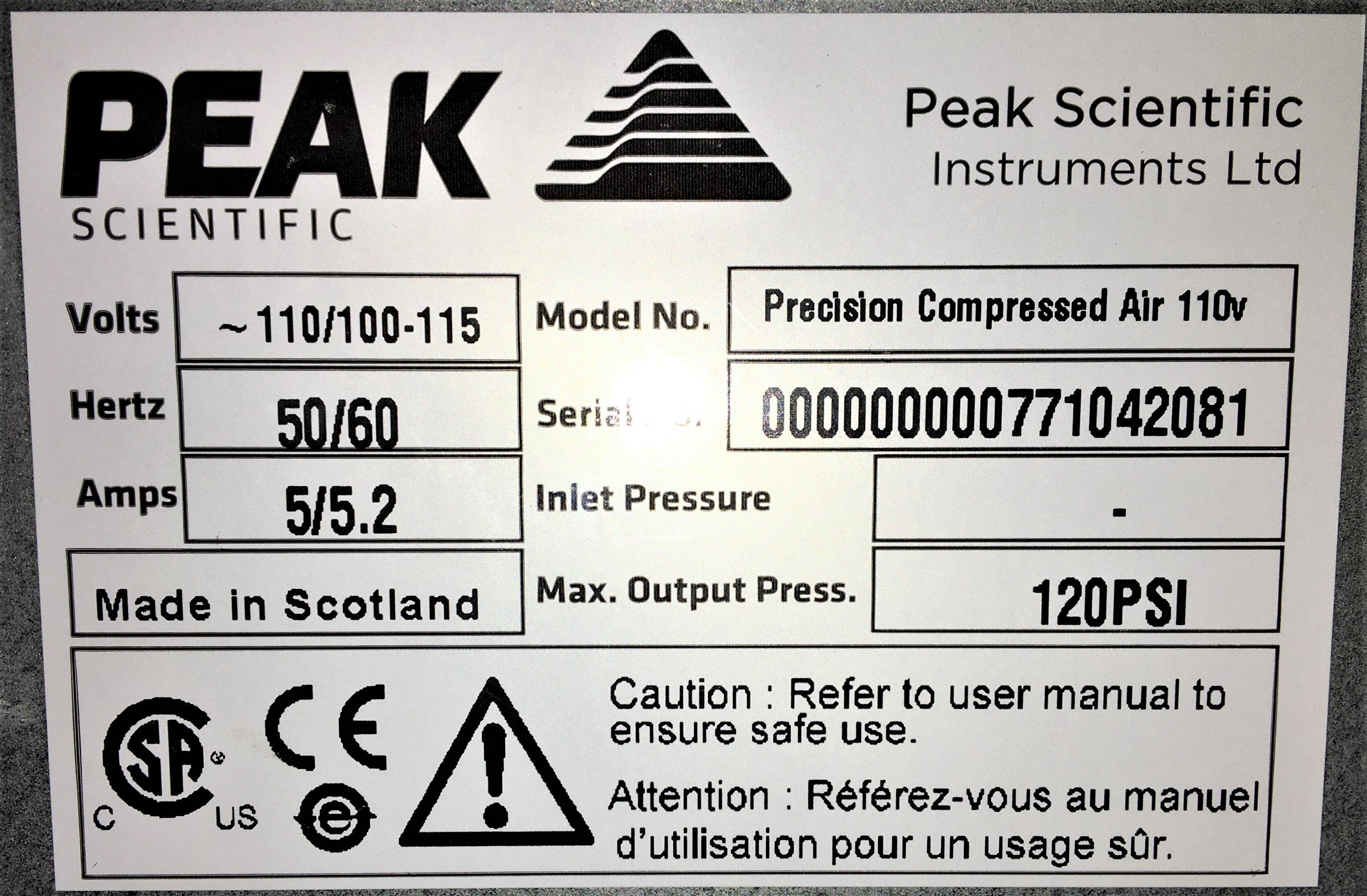 Used Peak Trace 600 Nitrogen Generator with Precision Air Compressor