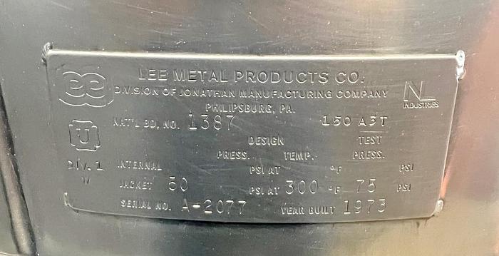 Used 150 GALLON LEE SINGLE MOTION KETTLE - S/S - 50 PSI JACKET