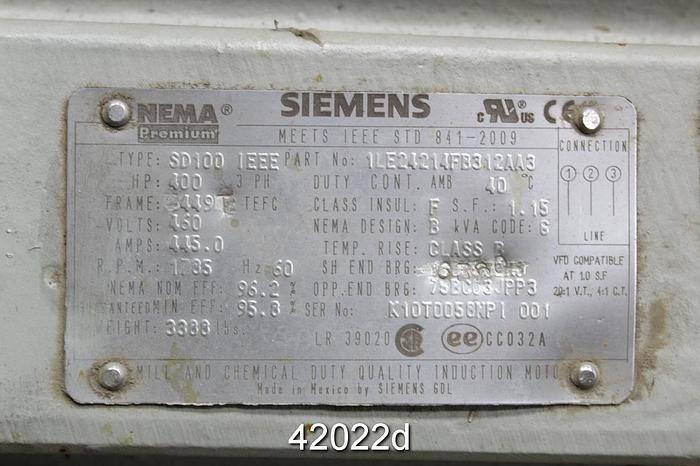 Used Siemens SD100 IEEE 400Hp A/C Motor, 1785Rpm, 460Volts #42022