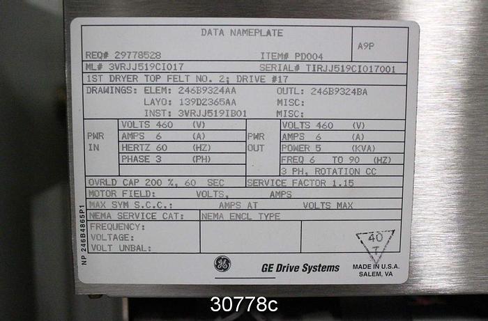 Used General Electric AC2000 Adjustable Speed Drive 3VRJJ519CI017 #30778