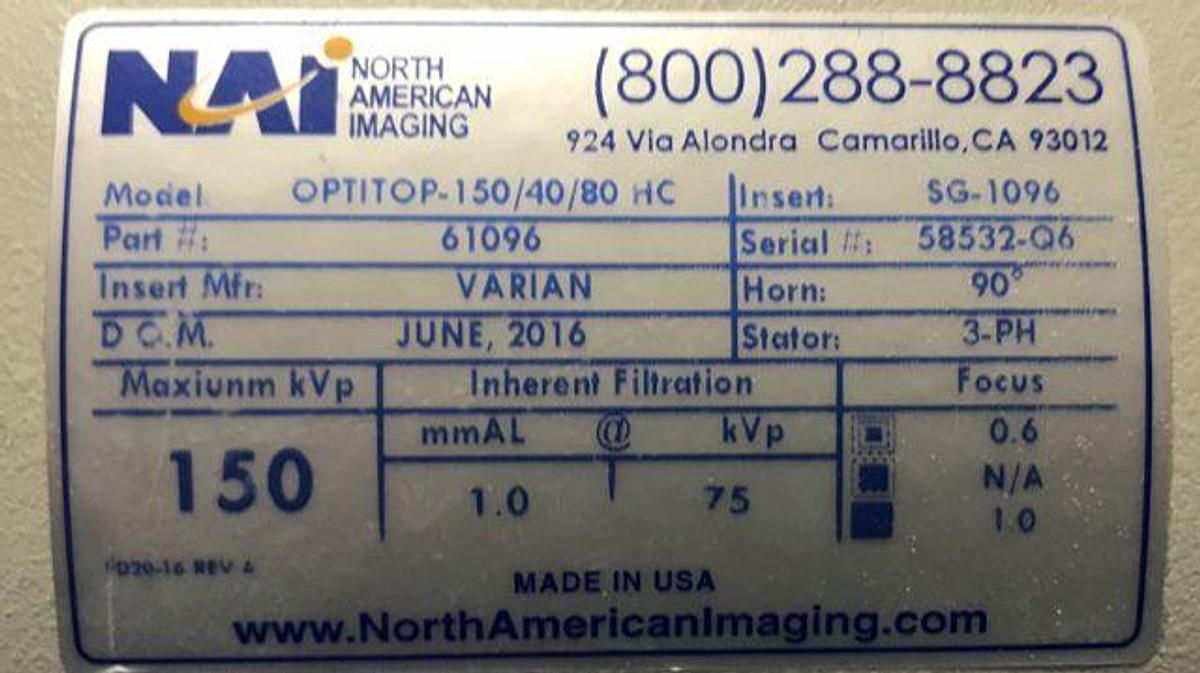 Used For Sale NORTH AMERICAN IMAGING NAI X-Ray Tube   NAI X-Ray Tube  X-Ray Tube Parts P/N OPTITOP-150/40/80HC