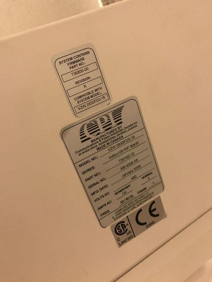 Used For Sale CPI Indico 100 R/F  Indigo Generator X-Ray Generator Parts P/N VZW 2930FD3-16
