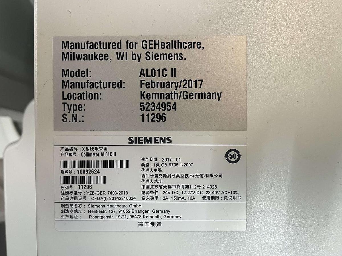 Used For Sale SIEMENS COLLIMATOR AL01C II (10092624/5234954) GE/SIEMENS Good Condition Collimator - X-Ray Parts P/N 10092624/5234954