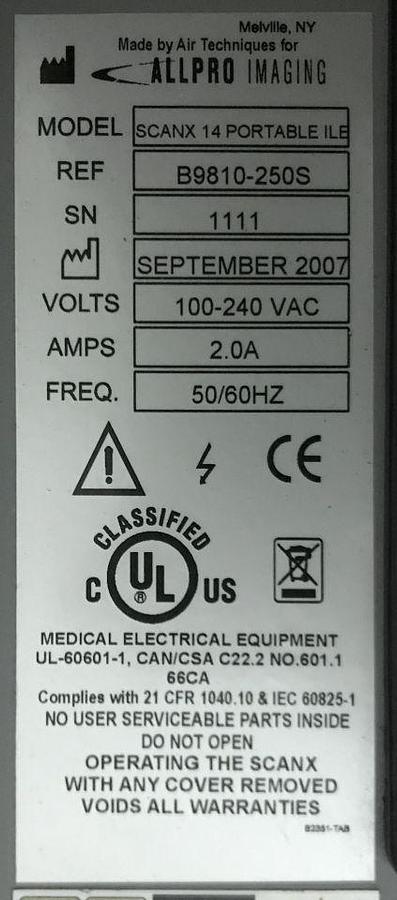 Used For Sale ALLPRO IMAGING ScanX 14 Portable X Ray System Podiatric X-Ray Parts P/N B9810-250S