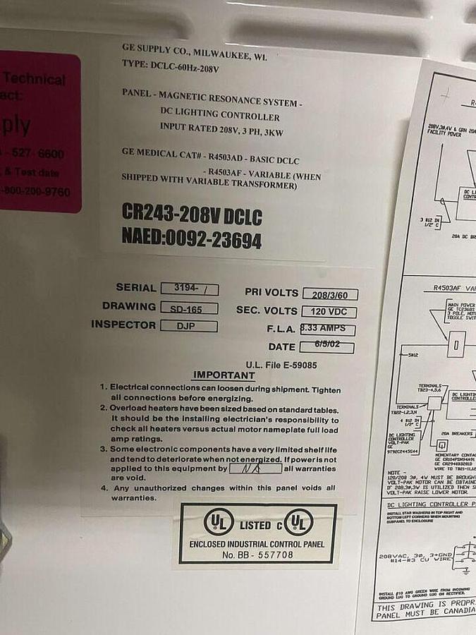 Used For Sale GE MR LIGHTING Control Panel DCLC-60Hz-208V, CR243-208V DCLC, 208V, 3 PH, 3KW Good Condition Parts P/N DCLC-60Hz-208V, CR243-208V DCLC