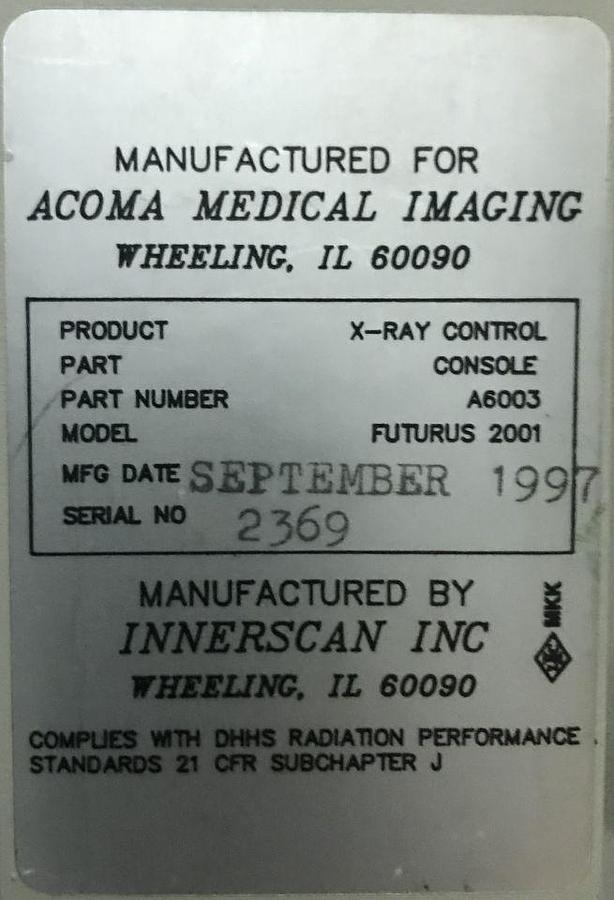 Used For Sale ACOMA Acoma Futurus 2001   Console  Rad/Fluoro Room Parts P/N A6003