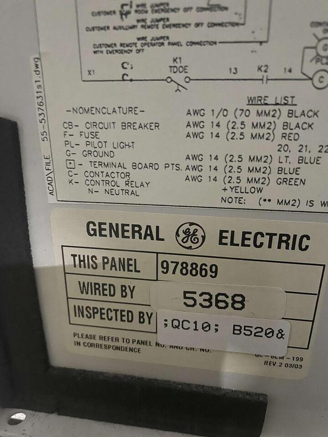Used For Sale GE 978869 GE - CT - System Main Disconnect Panel 125A Good Condition Parts P/N 978869