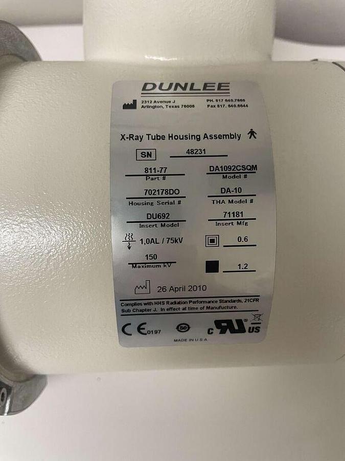 Used For Sale DUNLEE DUNLEE X-Ray Tube DA1092CSQM 811-77 (Apr 2010) 48231  Good Condition X-Ray Tube Parts P/N DA1092CSQM 811-77