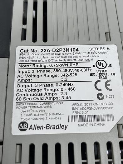 Used Allen-Bradley 22A-D2P3N104 Ser A