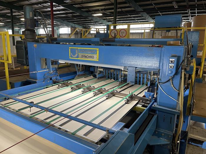 Used 65" JAGENBERG SYNCRO DUAL ROTARY KNIFE SHEETER W/ 4 SHAFTLESS UNWIND STANDS