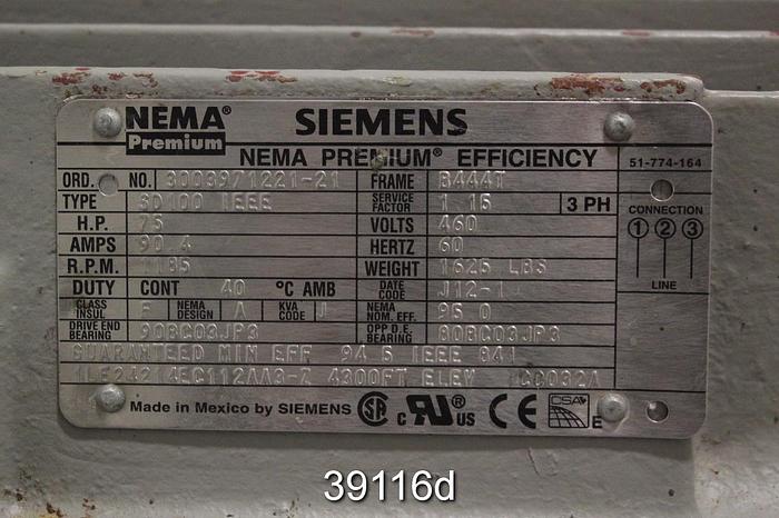 Used Siemens 75 HP AC Motor, 1185 RPM, B444T Frame, SD100 IEEE #39116