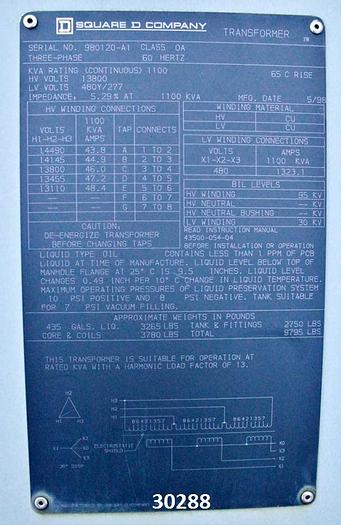 Used Square D 480 Volt, Class 0A, 3 Phase Transformer #30288
