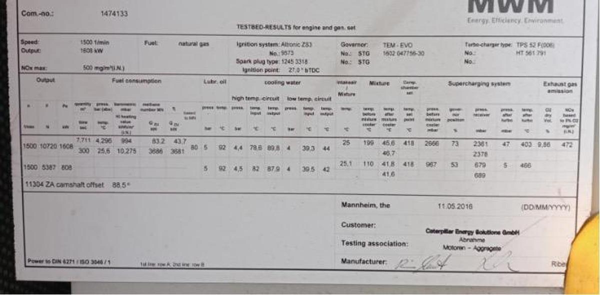 Used 4.8 MW 2016 MWM TCG 2020V16 Natural Gas