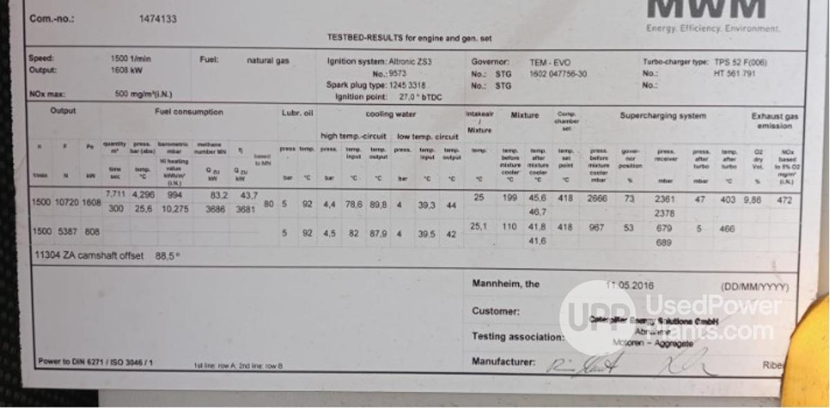 Used 4.8 MW 2016 MWM TCG 2020V16 Natural Gas
