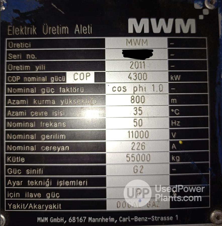 Used 4.3 MW 2011 MWM TCG 2032V16 Power Plant